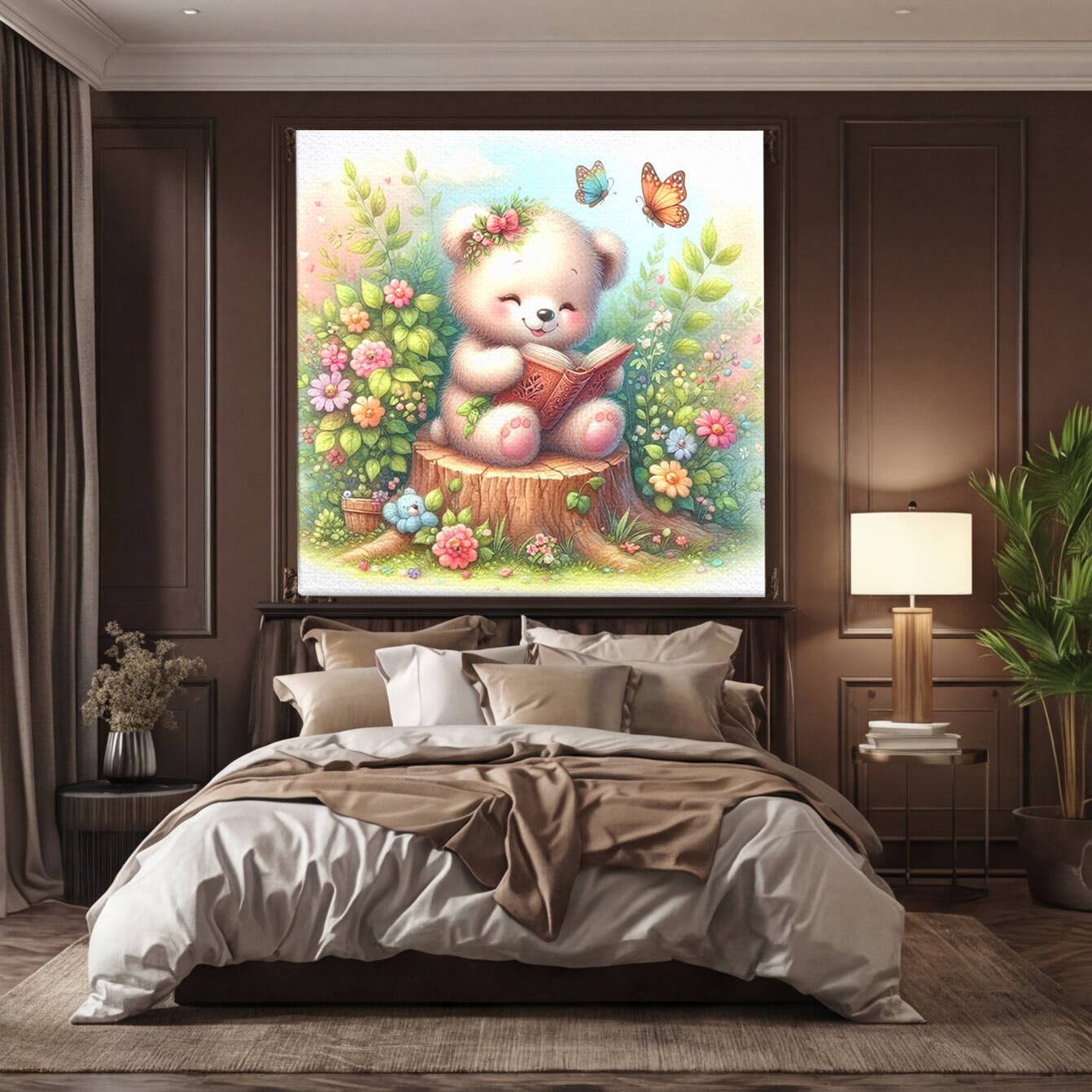 Tablou canvas cu tablou canvas cu ursulet cititor, fara rama, pe sasiu de lemn, pe perete intr-un dormitor